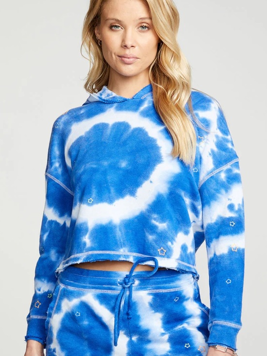 Chaser Tops - Chaser Blue & White Tie-Dye Cropped Hoodie